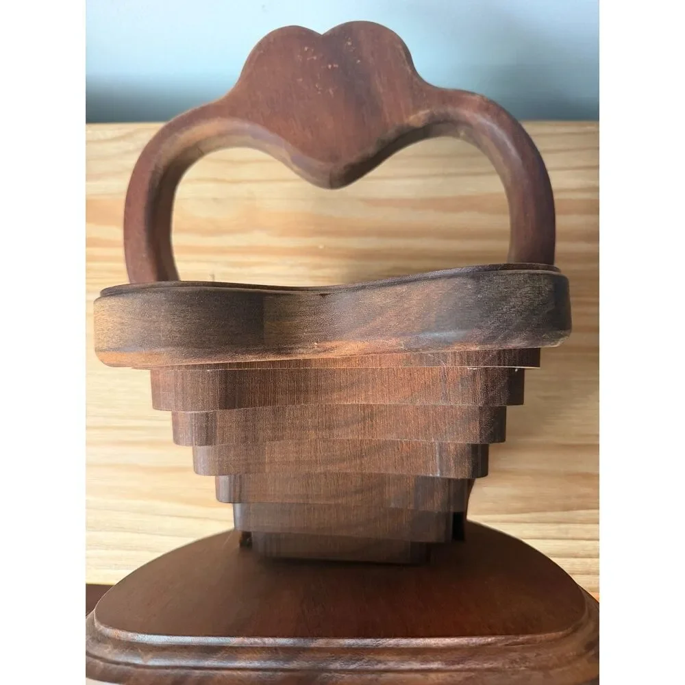 Vintage Artisan Carved Wood Folding Collapsible Heart Shaped Bowl Basket